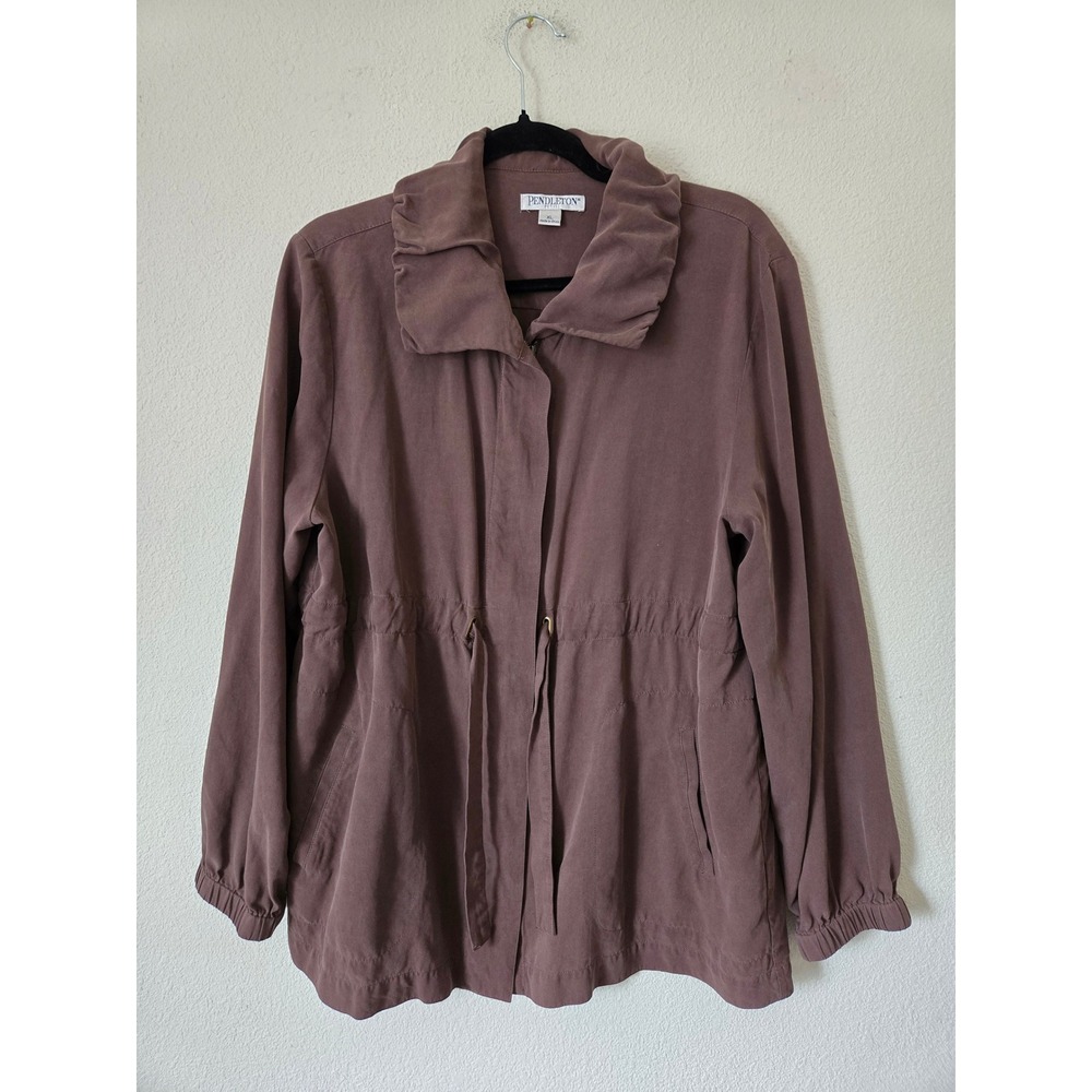 Pendleton Womens XL Petite Utility Fall Jacket Brown 100% Silk Drawstring - Picture 9 of 9